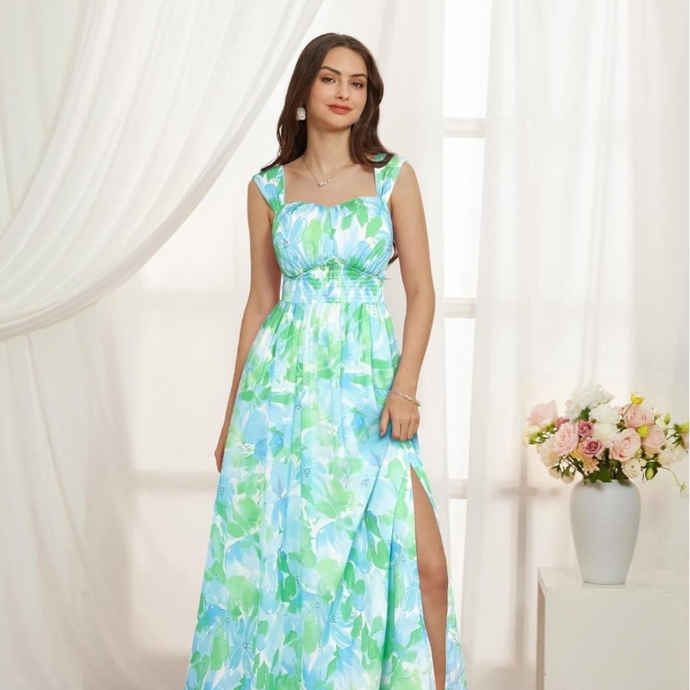 Grace Karin Green and Blue Maxi Sundress with Cap Sleeves